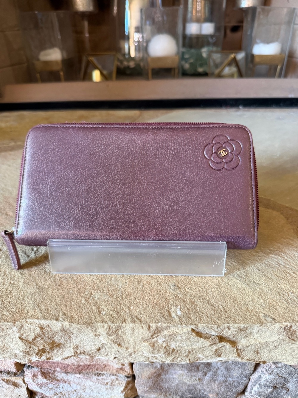 CHANEL Plum Camellia Zip Around Leather Wallet